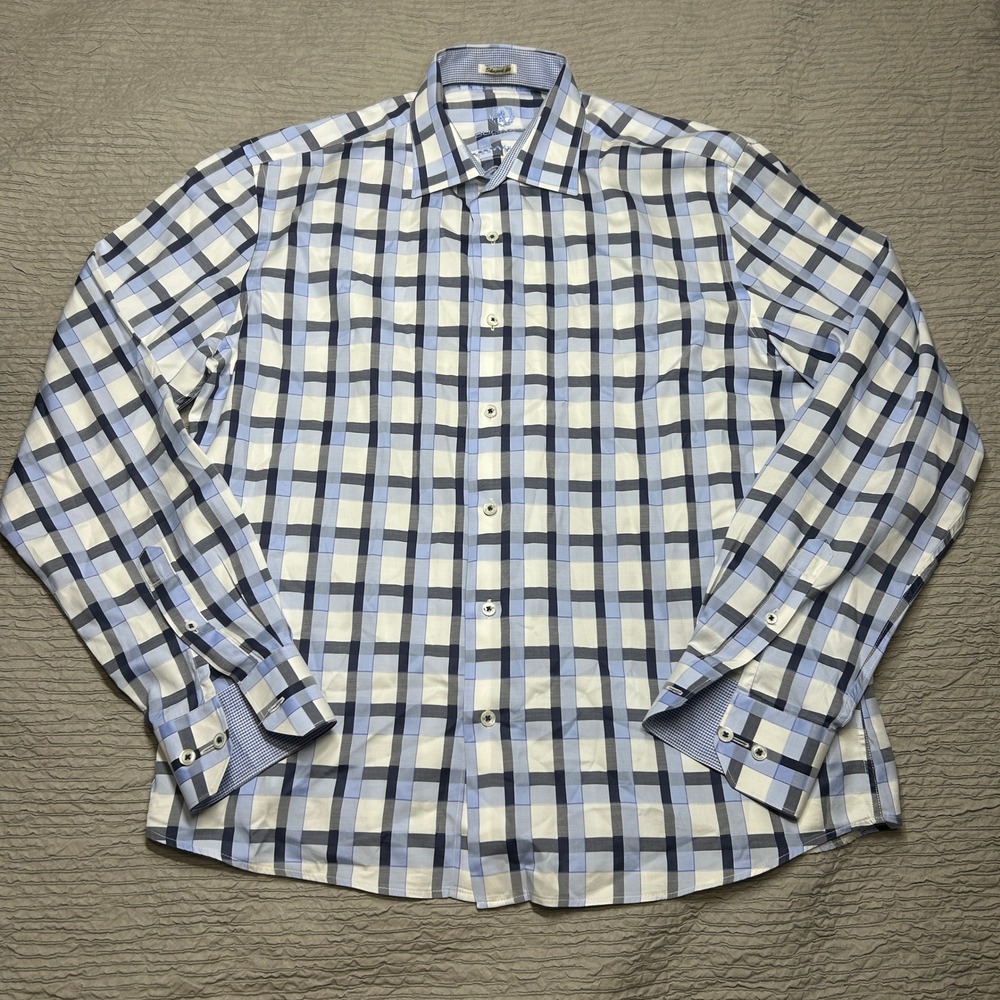 Bugatchi Uomo Mens Shaped Fit Plaid Button Down Shirt Blue White Size Large